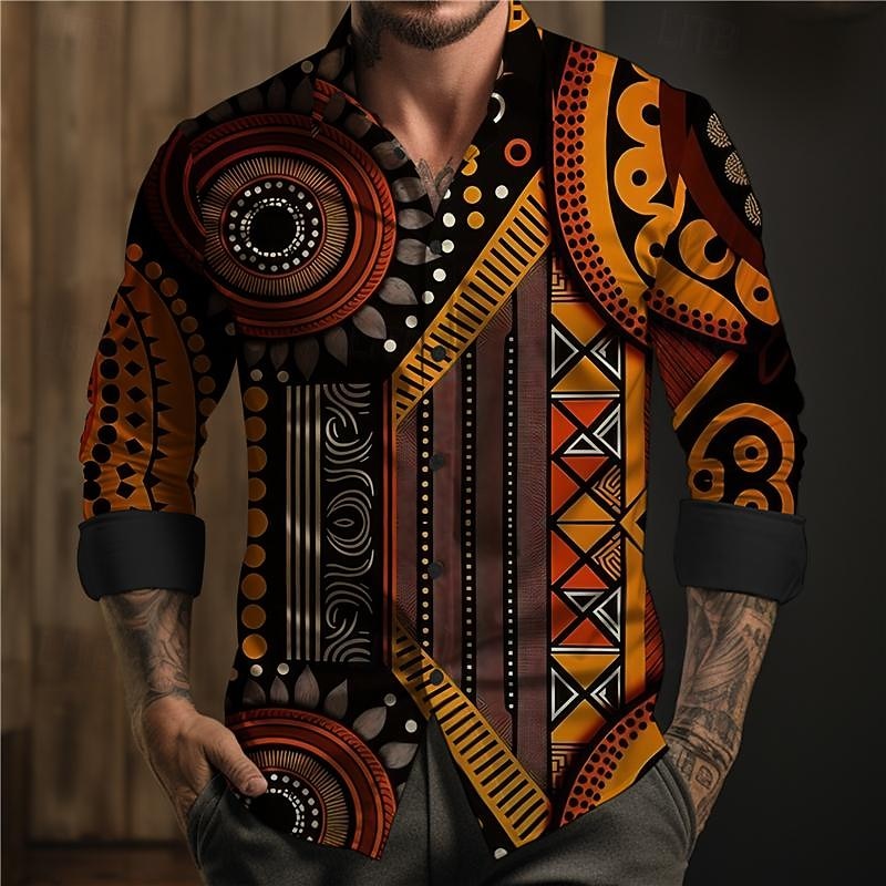 Men's Aztec Geometric Pattern Tribal Button Up Shirt Printed Shirts Long Sleeve Boho Vacation Street Horse Race Spring & Summer Turndown Print Button-Down Yellow Khaki