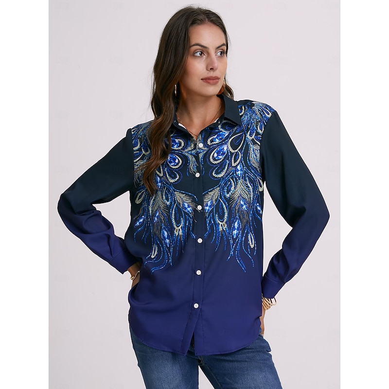 Women's Shirt Long Sleeve Button Down Blouse Daily Basic Buttons Print Regular Tops Shirt Collar Casual Blue Green Fall & Winter2