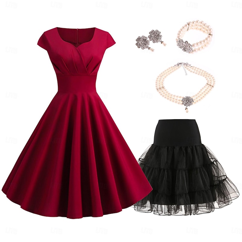 Set with Vintage Flare Dress Faux Pearl Necklace Earings Bracelet With Petticoat Tutu Under Skirt 1950s 1960s Rockbility Retro Vintage Dress Women's 6 PCS Outfits Spring Summer Daily Wear Tea Party