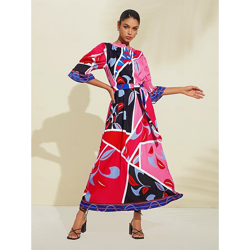 Satin Floral Block Print Round Neck Maxi Dress4