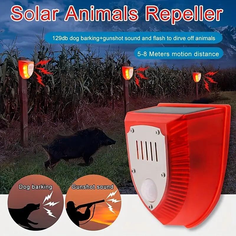Solar-Powered Animal Repellent Alarm with Dog Barking, Gunfire Sound & SOS Light - Waterproof, Rechargeable for Home, Farm & Outdoor Use2