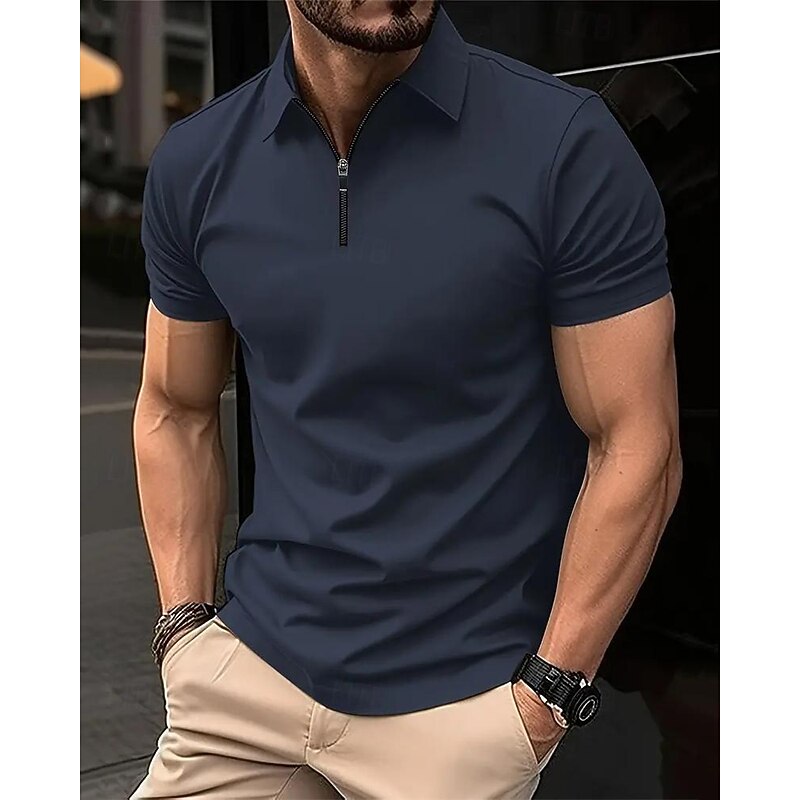 Men's Quarter Zip Polo Golf Shirt Daily Holiday Quarter Zip Short Sleeve Fashion Basic Plain Spring & Summer Regular Fit Black Pink Navy Blue Light Grey Quarter Zip Polo2