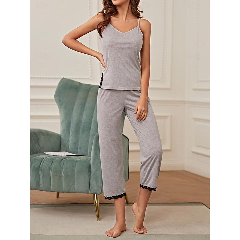 Women's Pajamas Sets Pure Color Comfort Home Daily Bed Breathable Strap Top Pant Summer Home Outfits