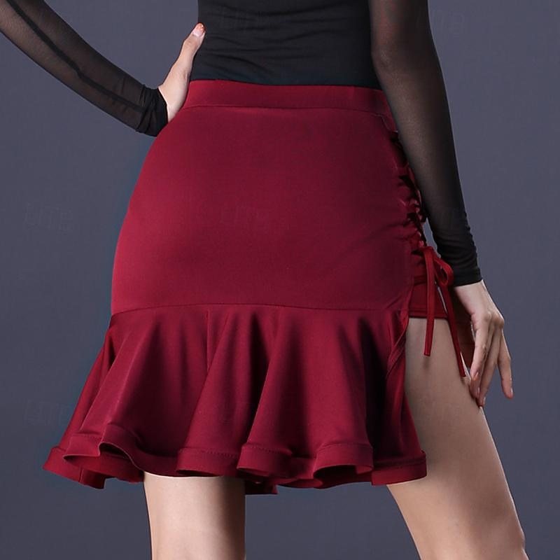 Latin Dance Ballroom Dance Skirts Cinch Cord Ruffles Pure Color Women's Performance Training High Spandex3