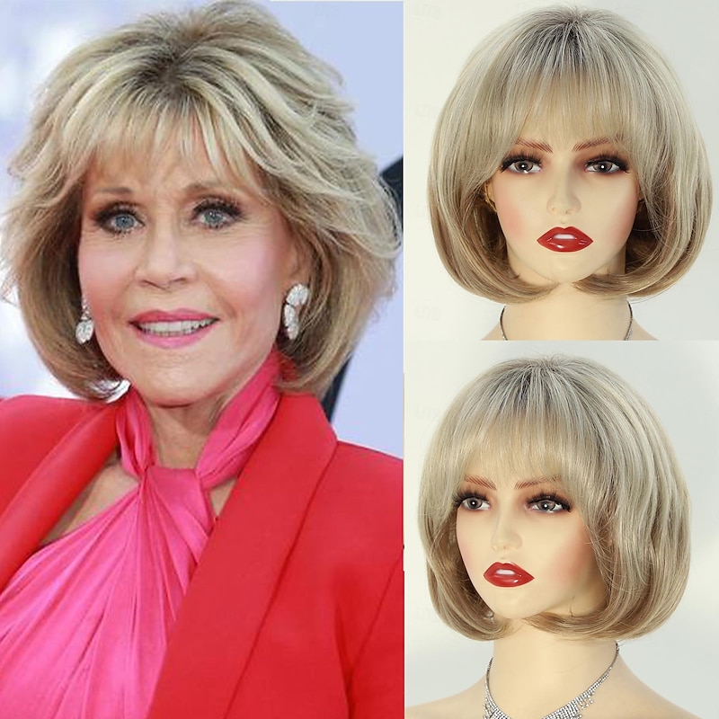 Short Blonde Bob Wigs for White Women Mixed Blonde Short Bob Wig with Bangs Synthetic Layered Natural Looking Blonde Wigs With Dark Roots for Women Old Lady Wig for Daily Party Use