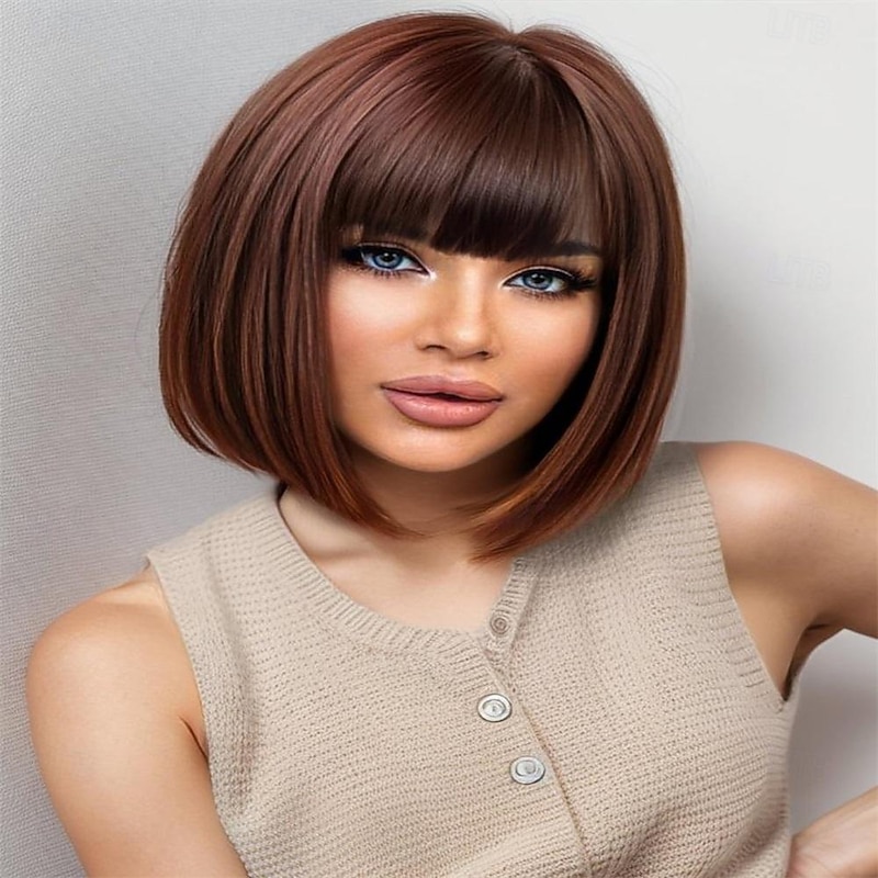 Brown Bob Wigs for Women Synthetic Wig with Bangs Natural Looking Synthetic Wigs for Ladies Daily Cosplay Hair Wig