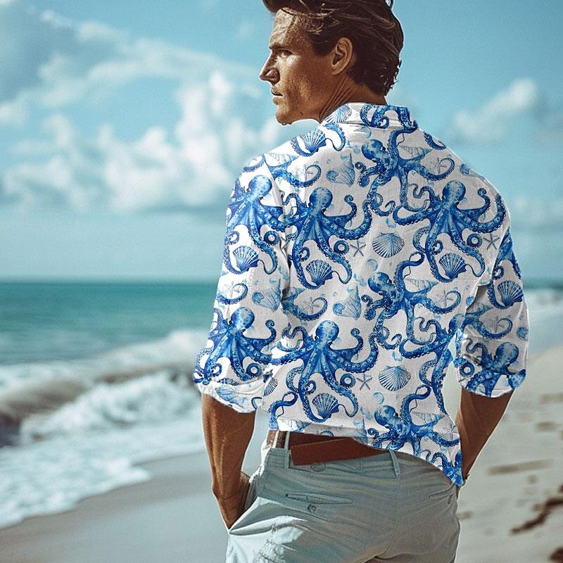 Men's Tropical Octopus Turtle Summer Hawaiian Shirt Aloha Shirt Printed Shirts Long Sleeve Shirt Turndown Hawaiian Resort Vacation Going out Beach Blue Dark Blue S M L3