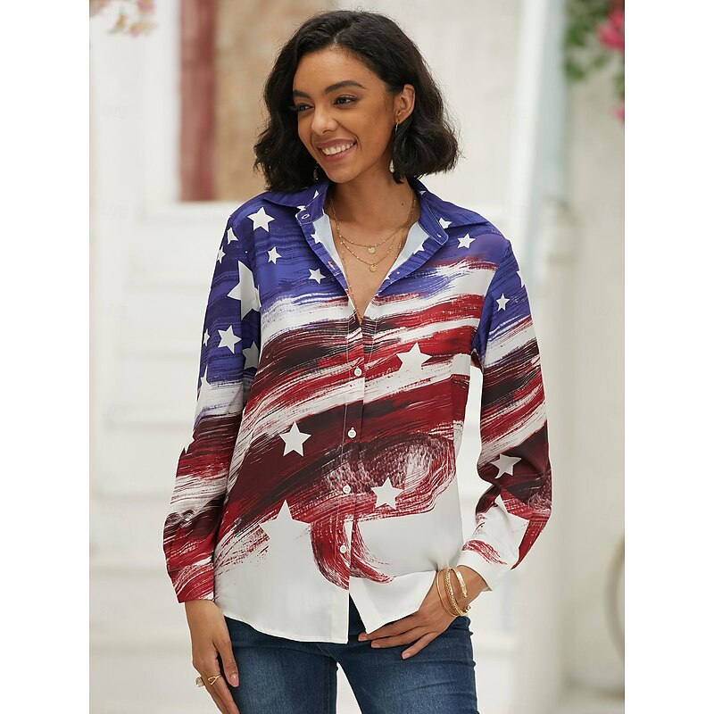Women's Patriotic  Shirt Red White And Blue USA National Flag Button Print Red White And Blue Long Sleeve Daily Weekend Streetwear Casual Shirt Collar Regular S4