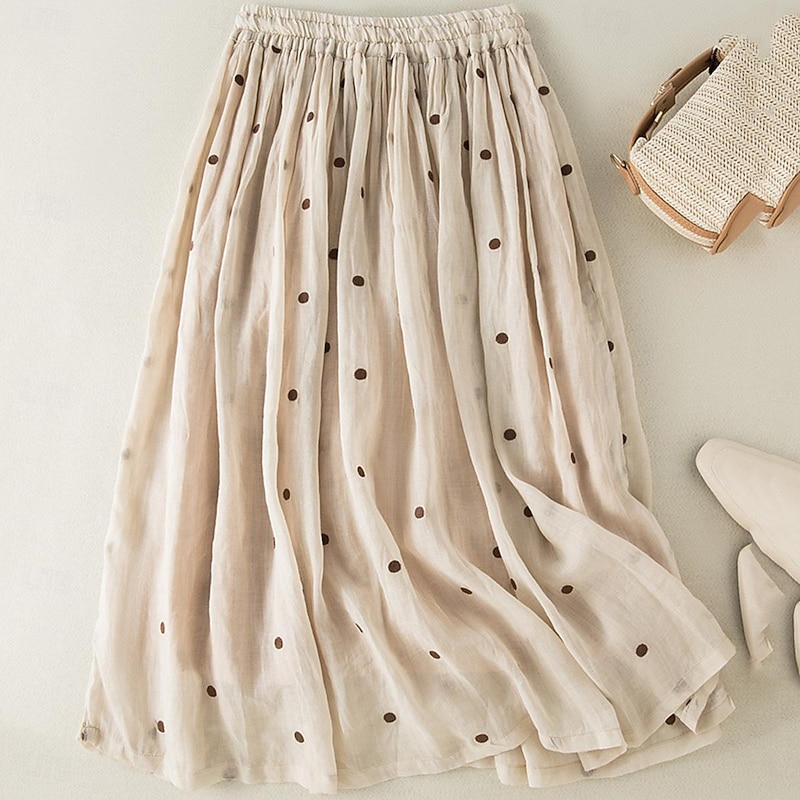 Women's Skirt A Line Fashion Casual Maxi High Waist Skirts Polka Dot Print Casual Daily Weekend Yellow Navy Blue Brown Green Summer Cotton And Linen2