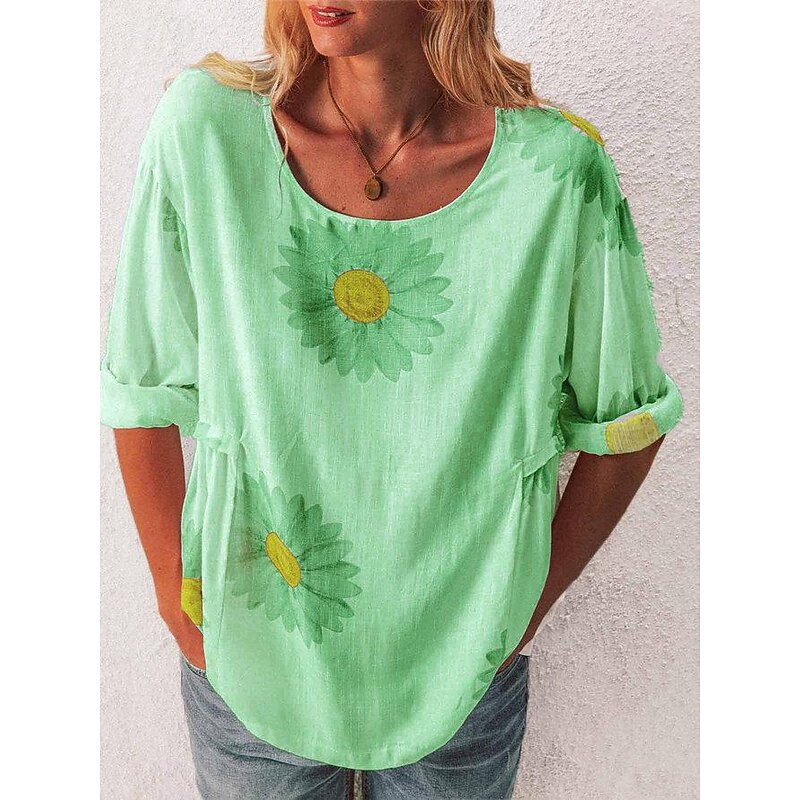 Women's Shirt Blouse Floral Fashion Long Sleeve Round Neck Regular Tops Casual Holiday Buttons Print Black White Yellow Pink Green Spring &  Fall4