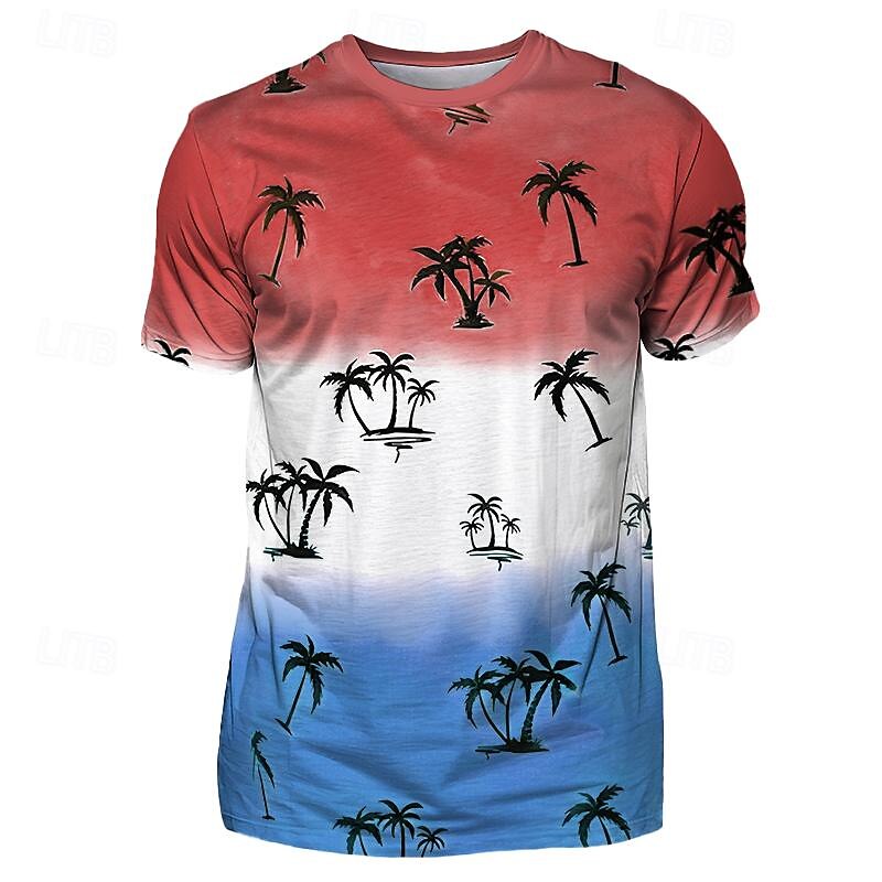 Men's Graphic Color Block Coconut Tree T Shirt Short Sleeve T shirt 3D Print Crew Neck Shirt Vacation Casual Sports Outdoor Holiday Going out Blue Sky Blue Red Spring & Summer Clothing Apparel S M L4