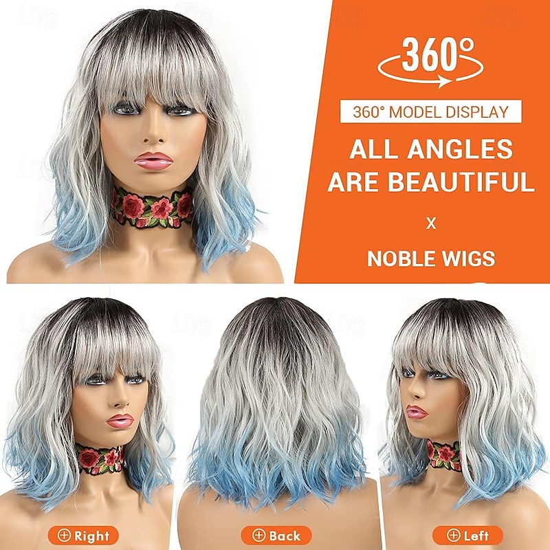Blue Wig with Bangs Short Bob Curly Wigs for White Women Colorful Wavy Bob Wigs with Air Bangs Heat Resistant Synthetic Silver Blue Wigs for Daily Party Cosplay Costume Wigs3