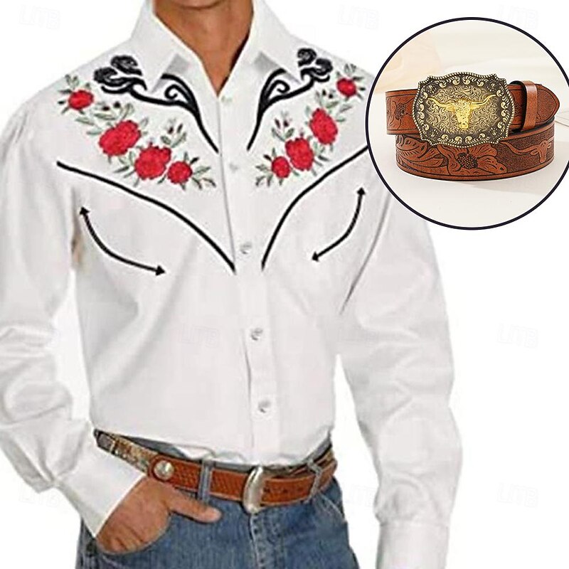 Classical Retro Vintage Blouse / Shirt Waist Belt West Cowboy Embroidered Embroidery Fancy Dress Men's Masquerade Dailywear Bachelorette Party Adults' Shirt Waist Belt All Seasons2