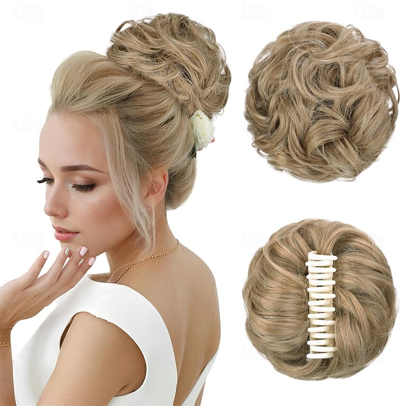Messy Hair Bun Extensions Wavy Curly Claw Clip Messy Bun Hair Pieces Blonde Highlights Messy Bun Extension Clip in Claw Chignon Synthetic Hair Buns for Woman