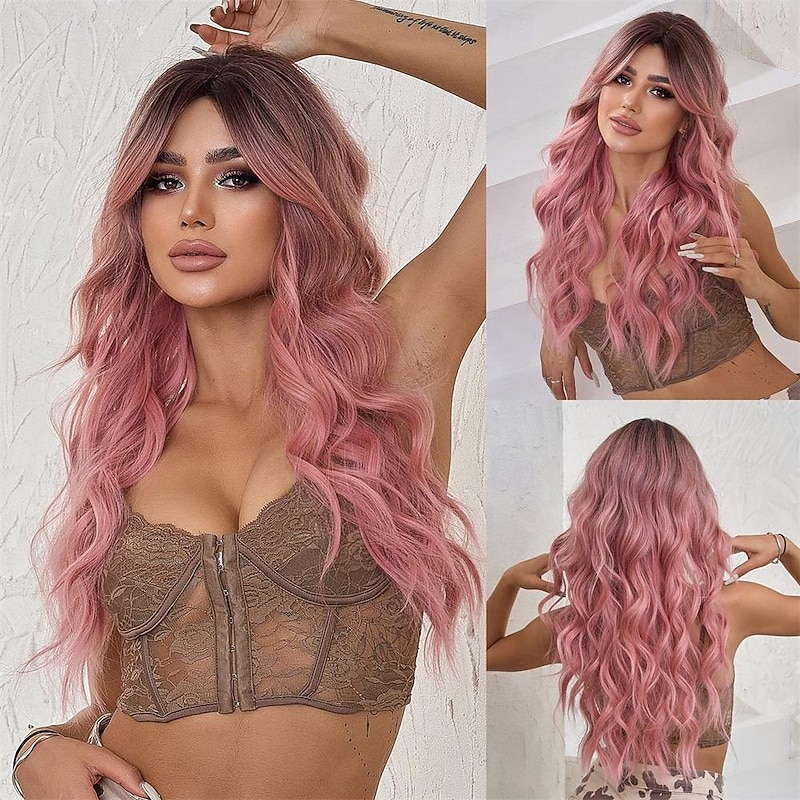 Pink Wig for Women Long Ombre Brown to Pink Wavy Curly Synthetic Wigs with Bangs Middle Part Dark Roots Layered Hair with Bangs for Girls Cosplay Party Halloween Christmas Daily 26In
