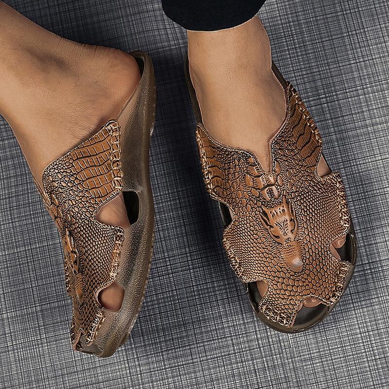 Men's Sandals Slippers Flat Sandals Leather Breathable Comfortable Slip Resistant Lace-up Wine Black Brown2