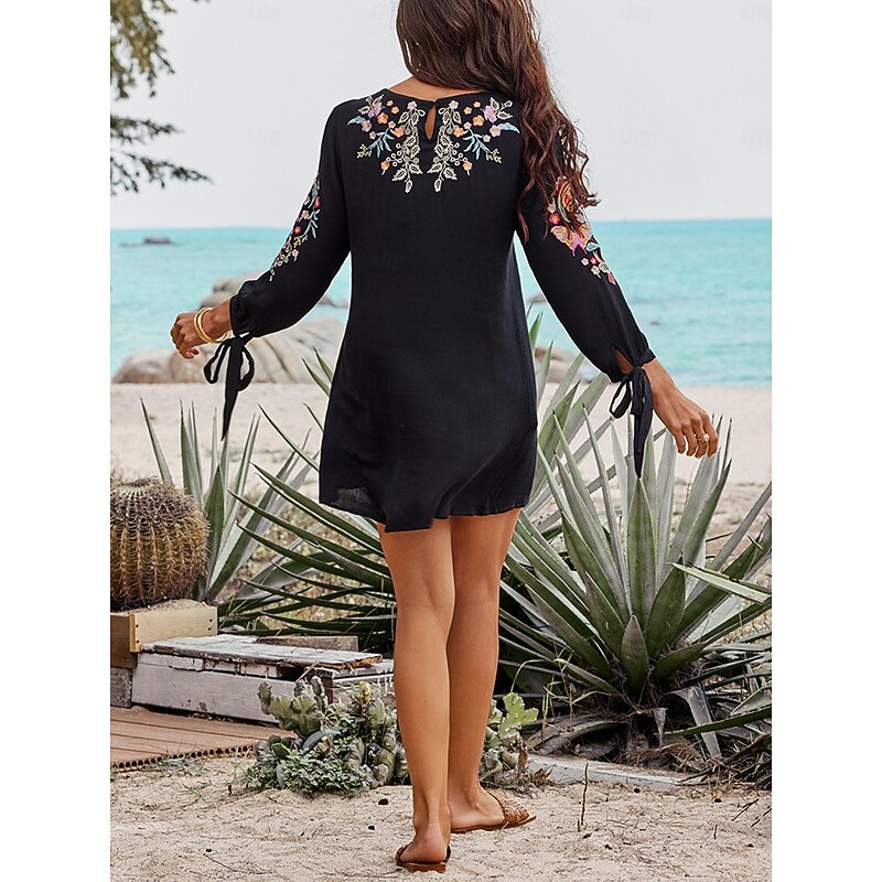 Women's Black Dress Embroidered Mini Dress Cotton Classic Boho Floral Flowy Shift Dress Crew Neck Long Sleeve Daily Summer Spring Black4
