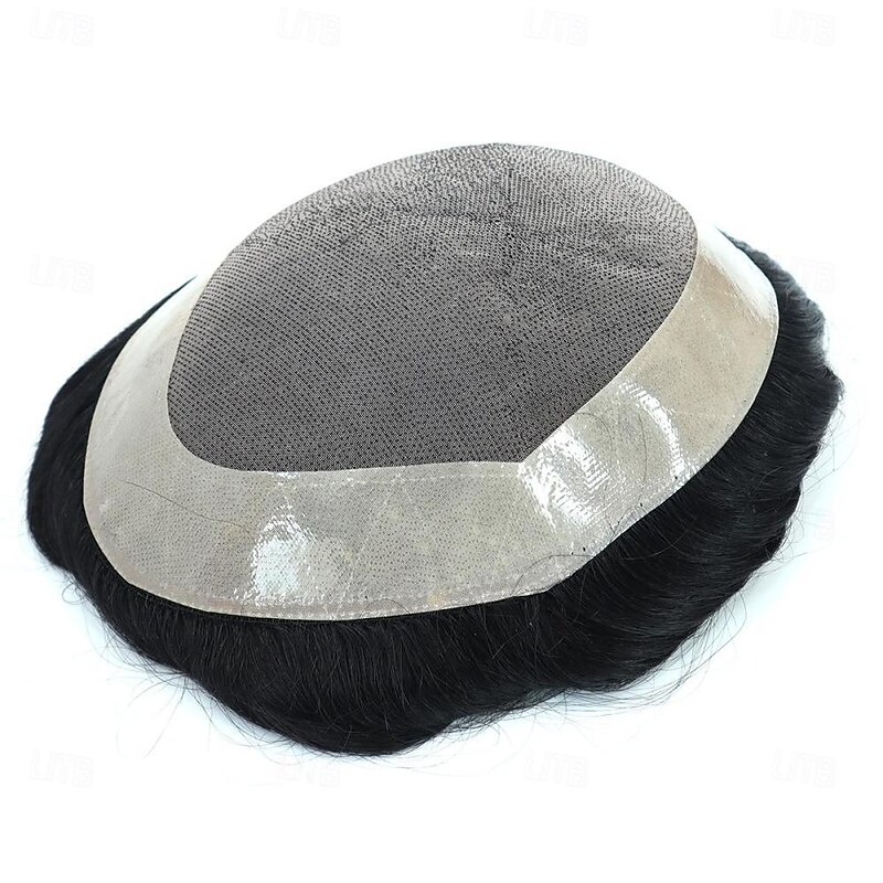 Toupee for Men with 100% Virgin Human Hair Mono Top with Poly Coating Around Cap Mens Wig Base Size 6 * 8 Inch Natural Wave Hair Pieces Replacement for Men System Off Black #1B 6X8 7X9 8X104