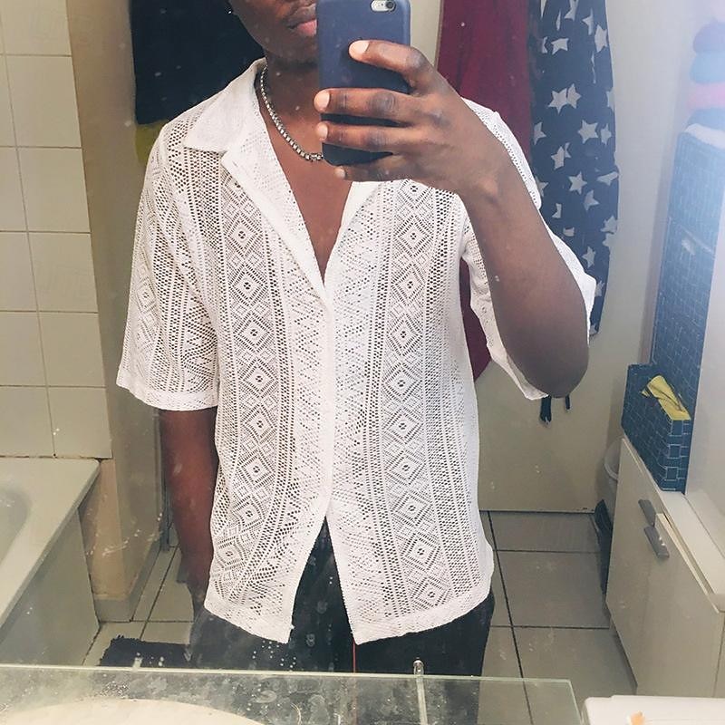 Men's Shirt Summer Shirt Casual Shirt Beach Shirt Button Up Shirt Black White Short Sleeve Plain Lapel Vacation Hawaiian Lace Clothing Apparel Polyester Fashion Casual Comfortable3