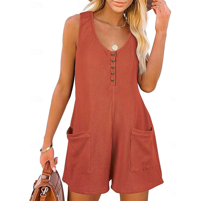Women's Normal Jumpsuit Streetwear Solid Color Sleeveless V Neck Buttons Pocket Street Daily Regular Fit Black Pink Wine Summer4