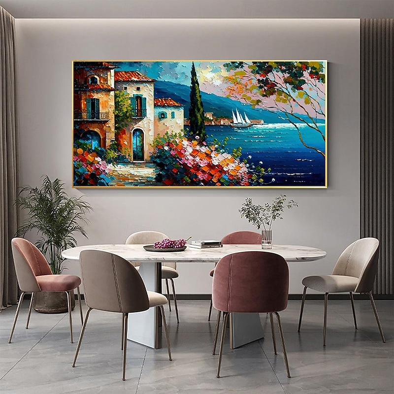 Hand painted  Mediterranean Landscape Oil Painting on canvas Impressionist Mediterranean-sea painting Canvas Art Textured Coastal painting Wall Art painting for Bedroom living room decoration4