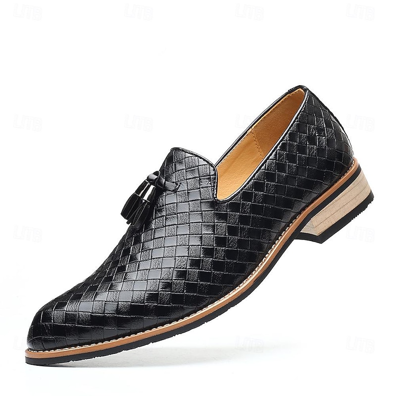 Men's Black Woven Faux Leather Loafers with Tassel Detail and Wooden Sole - Stylish Slip-On Shoes for Formal and Casual Occasions3