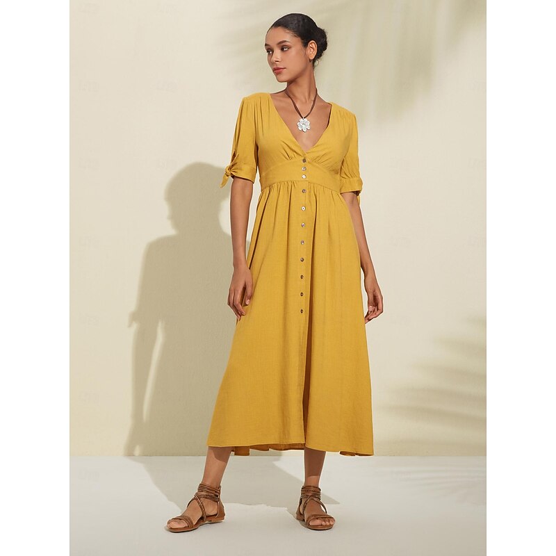 Women's Linen Blend Yellow Bow Detail Midi Tea Dress4