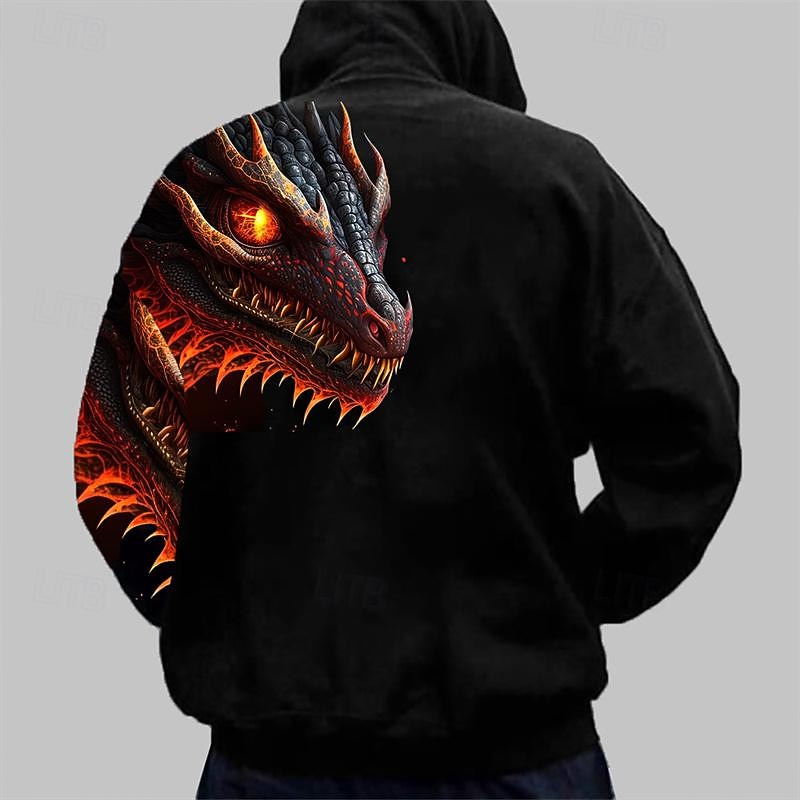 Men's Graphic Dragon Hoodie Hoodies Sweatshirt Fashion Casual Long Sleeve Hooded Vacation Sports Outdoor Holiday Orange Green Print Front Pocket Spring &  Fall Designer2