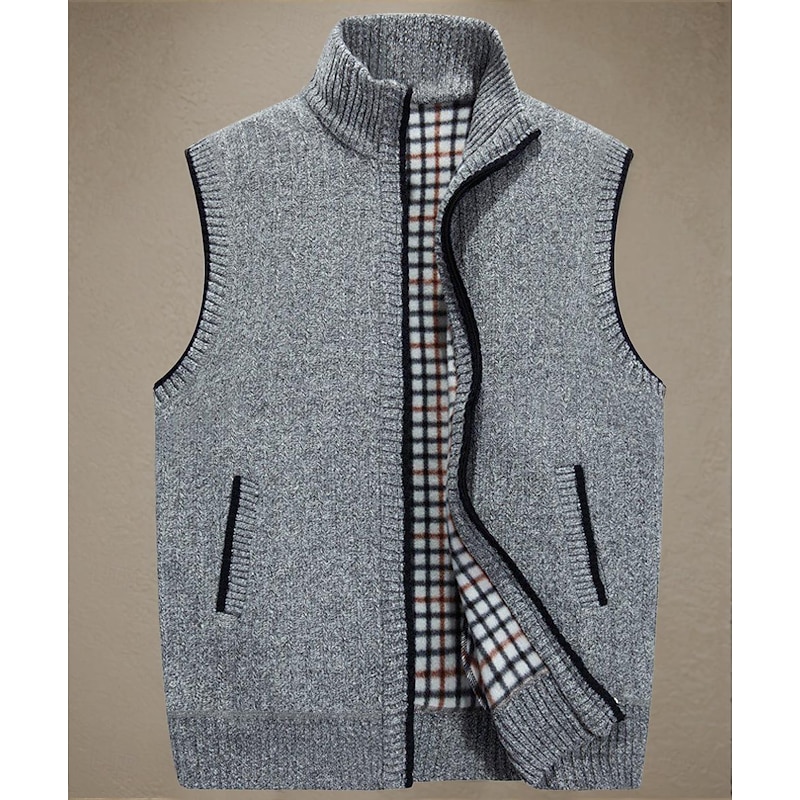 Men's Sweater Vest Cardigan Zip Sweater Sweater Jacket Fleece Sweater Knit Knitted Solid Color Stand Collar Modern Contemporary Outdoor Casual Clothing Apparel Winter Black Wine S M L