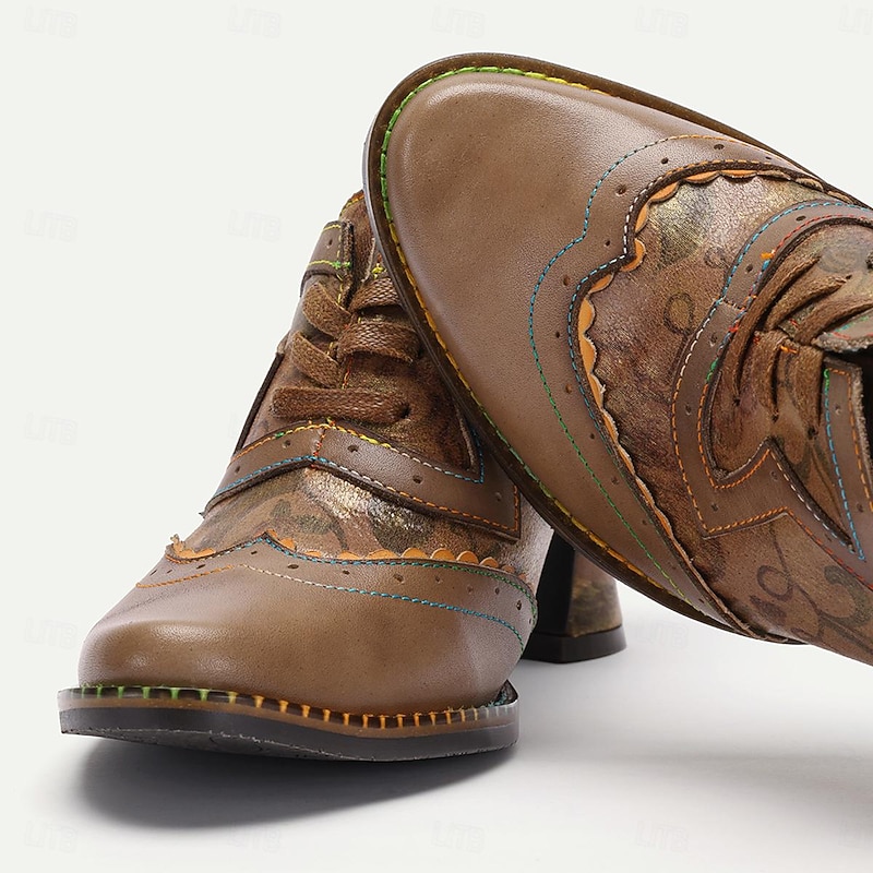 Women's Heels Pumps Handmade Shoes Vintage Shoes Wedding Party Floral Kitten Heel Round Toe Elegant Vintage Premium Leather Lace-up Brown4