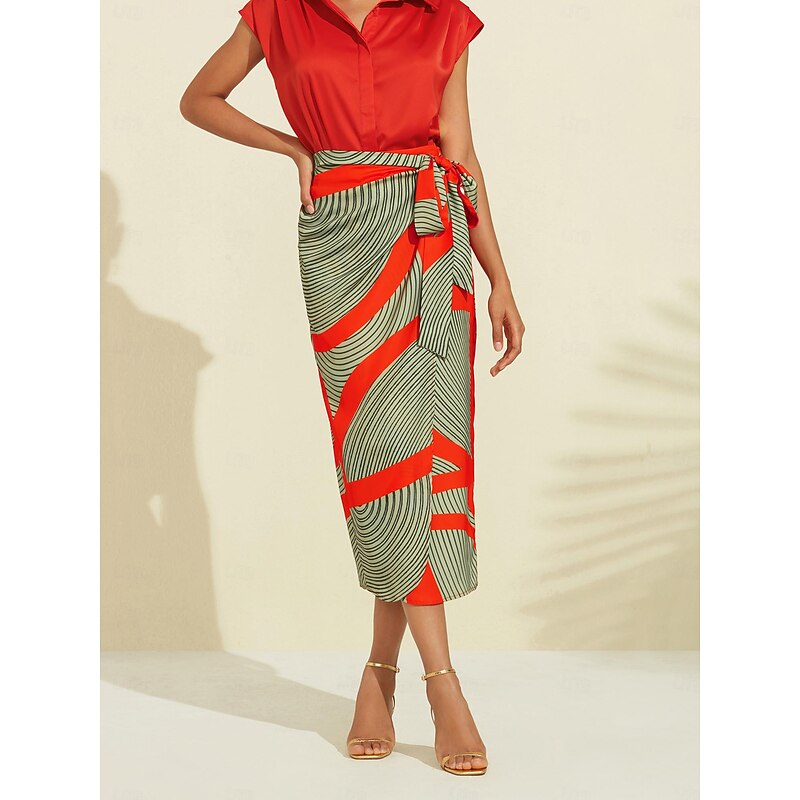 Women's Midi Skirt Green Color Block Elastic Waistband Casual Daily Spring Summer Fall