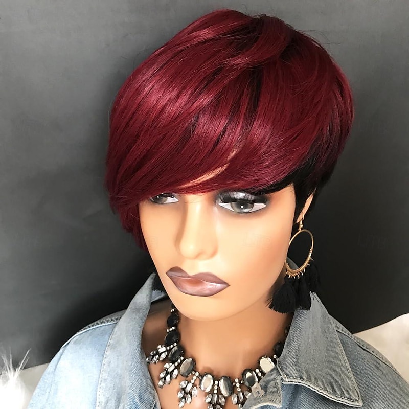 Short Red Human Hair Wigs for Black Women Pixie Cut Wig Human Hair Short Burgundy Pixie Wigs Human Hair with Bangs Ombre Red Short Pixie Human Hair 1B/99J4