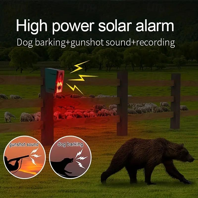 Solar Motion Sensor Alarm with Dog Barking & Gunshot Sound - 130dB Siren Security System with Remote Controller for Home, Farm, Yard, Chicken Coop, Villa