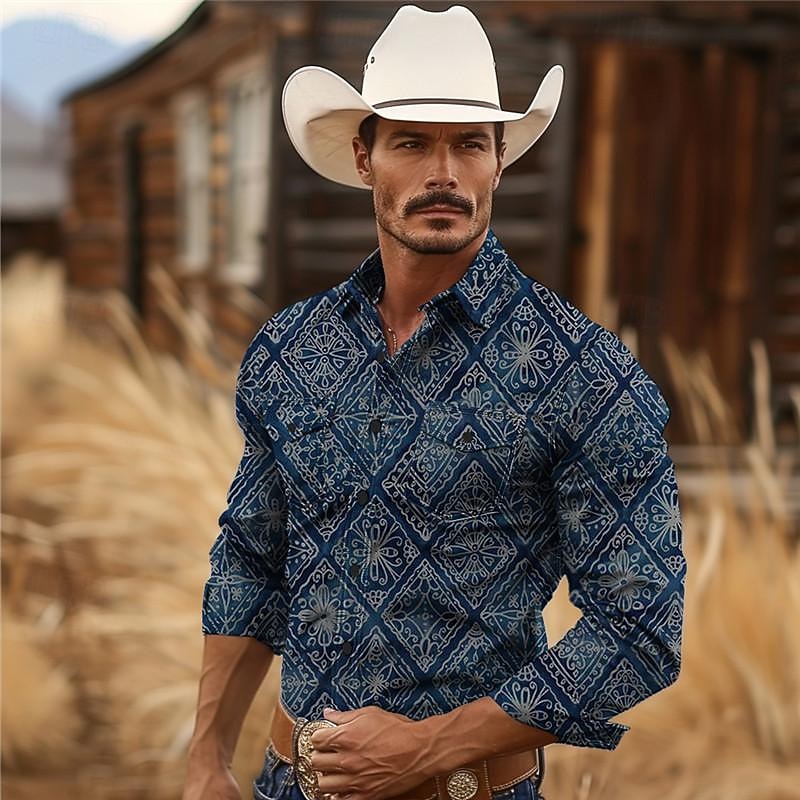 Men's Aztec Tribal Ethic / African Western Shirt Cowboy Shirt Long Sleeve Vintage Western Style Tribal Outdoor Vacation Horse Race Spring & Summer Turndown Print Button-Down Burgundy Navy Blue Green