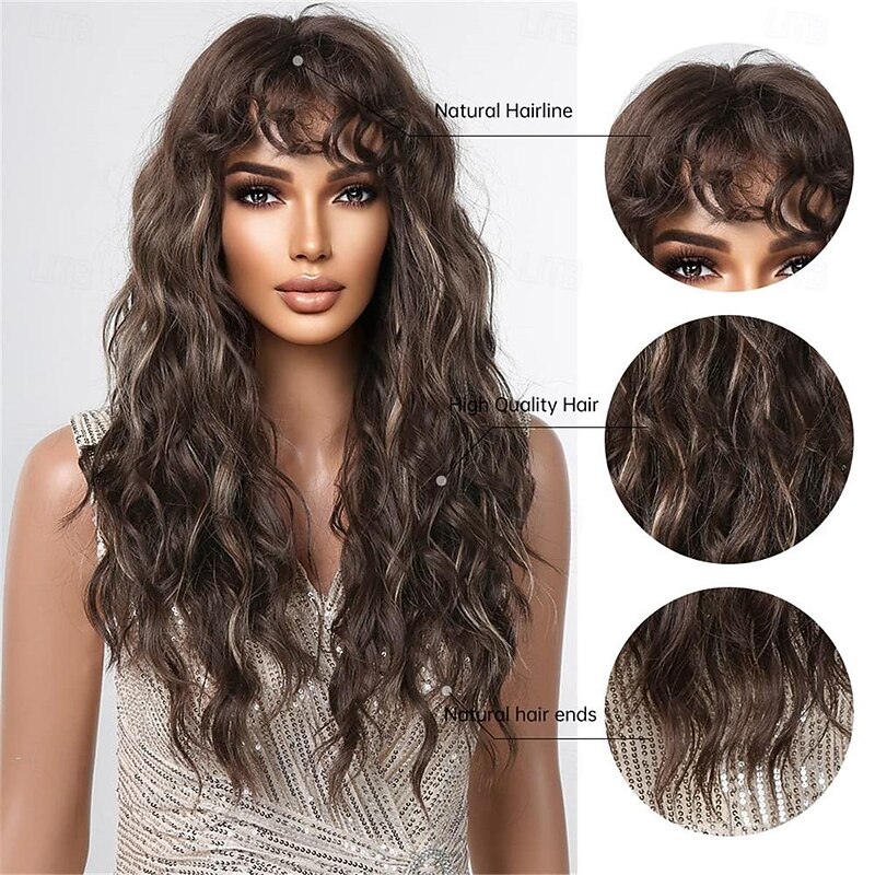 Long Brown Curly Wigs for Women Deep Wave Wigs with Bangs Synthetic Heat Resistant Wigs with Highlights3