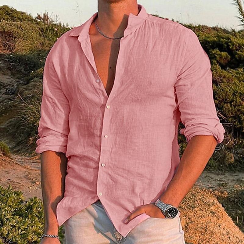Men's Shirt Linen Shirt Summer Shirt Beach Wear Button Up Shirt Solid Color Outdoor Vacation Black White Pink Blue Long Sleeve Turndown Spring & Summer Clothing Apparel Button-Down4