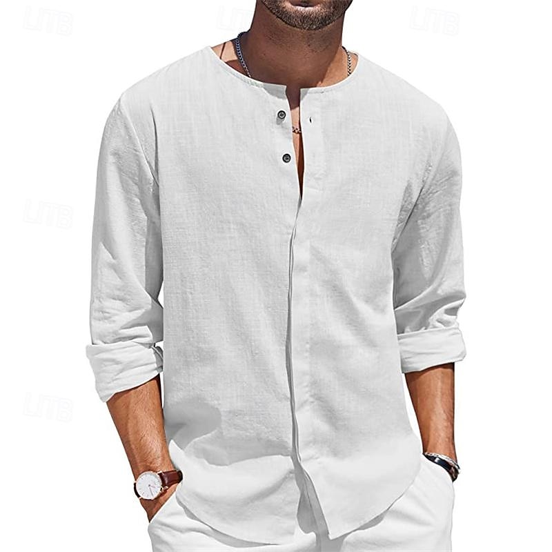 Men's Shirt Summer Shirt Casual Shirt Beach Shirt Button Up Shirt Black White Blue Green Gray Long Sleeve Plain Collar Vacation Hawaiian Clothing Apparel Cotton Cotton Blend Fashion Casual Comfortable2
