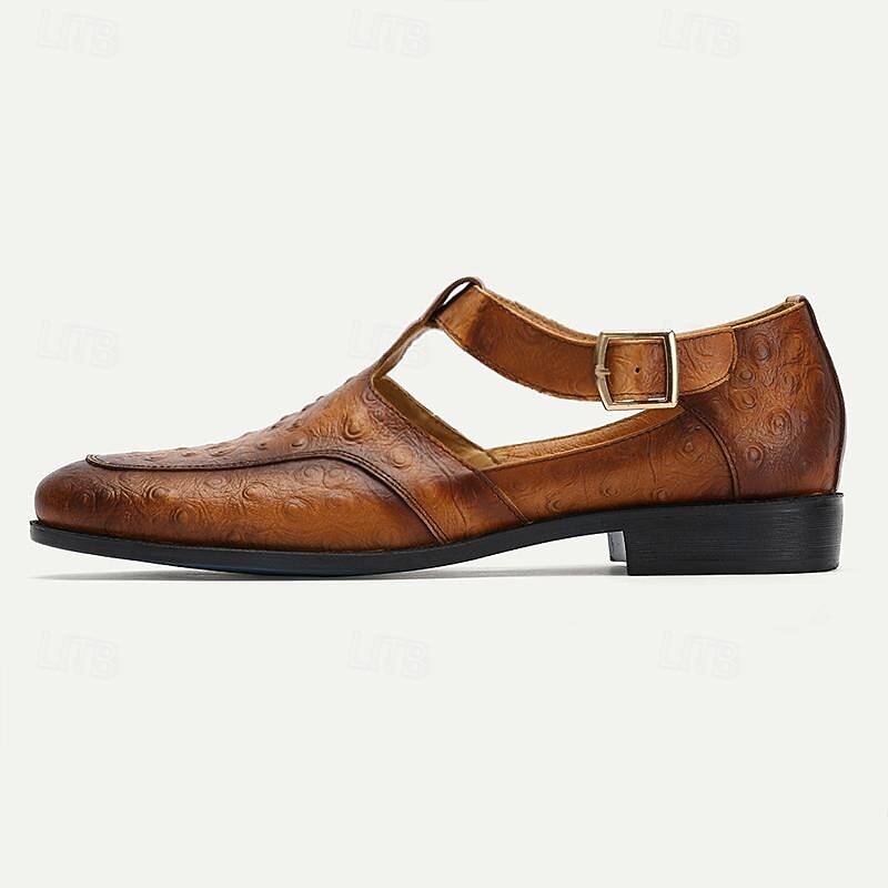 Men's Premium Cowhide T-Strap Dress Sandals – Vintage Leather Formal Shoes with Buckle Closure for Office and Wedding Wear3