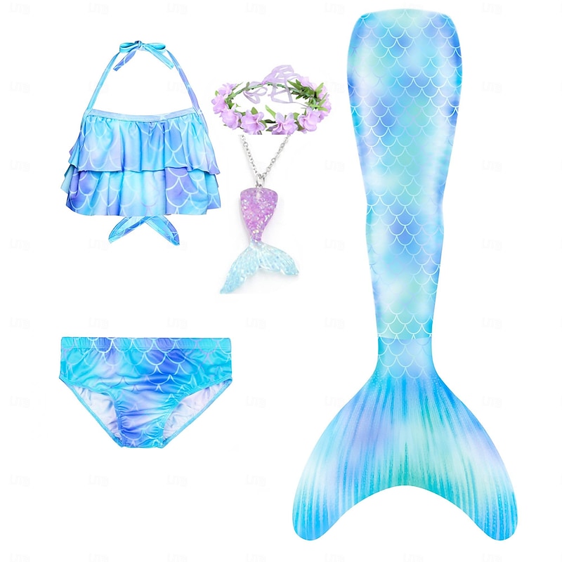 Kids Girls' Five Piece Mermaid Swimwear Swimwear Bikini Beach Swimming Rainbow Tie Dye Cute Bathing Suits 3-10 Years Summer Light Blue Colorful4
