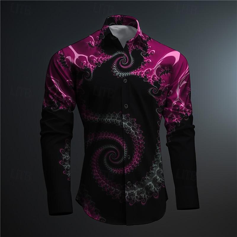 Men's Button Up Shirt Printed Shirts Long Sleeve Subcultural Vacation Party Street Spring & Summer Turndown Print Button-Down Black Red Blue Purple Fuchsia