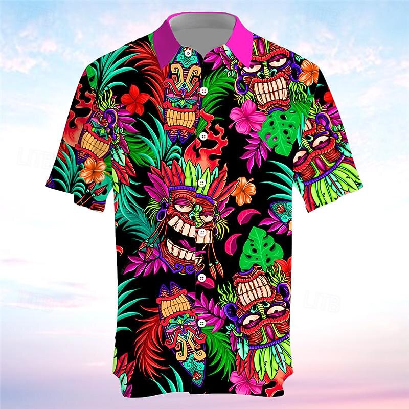 Men's Totem Shirt Summer Hawaiian Shirt Aloha Shirt Short Sleeve Shirt Turndown Vacation Hawaiian Outdoor Vacation Hawaiian Blue Fuchsia Green S M L4