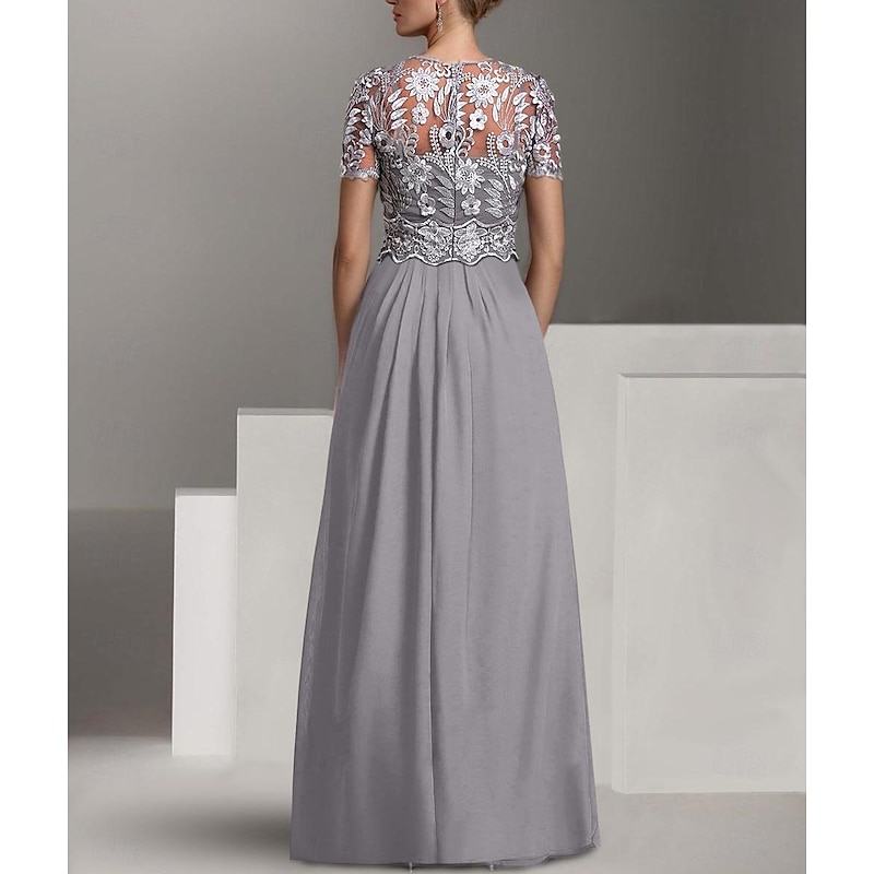 Beach Wedding Jumpsuit Mother of the Bride  Wedding Guest Elegant Jewel Neck Ankle Length Stretch Chiffon Short Sleeve with Lace Pleats4