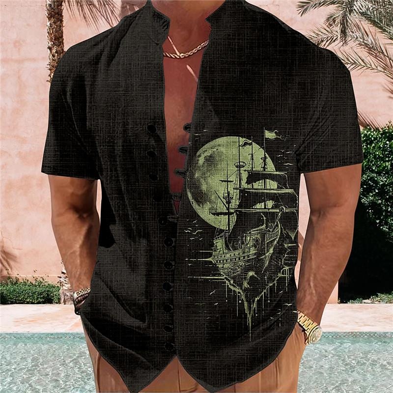 Men's Haunted Pirate Ship Nautical Sailboat Button Up Shirt Printed Shirts Short Sleeve Hawaiian Resort Vacation Holiday Daily Wear Summer Standing Collar Print Button-Down Black