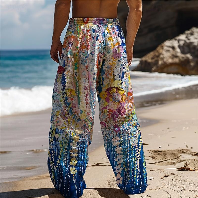 Men's Hawaiian Floral Pants 3D Print Straight Leg Trousers Mid Waist Drawstring Elastic Waist Outdoor Street Holiday Summer Spring Fall Relaxed Fit Micro-elastic2