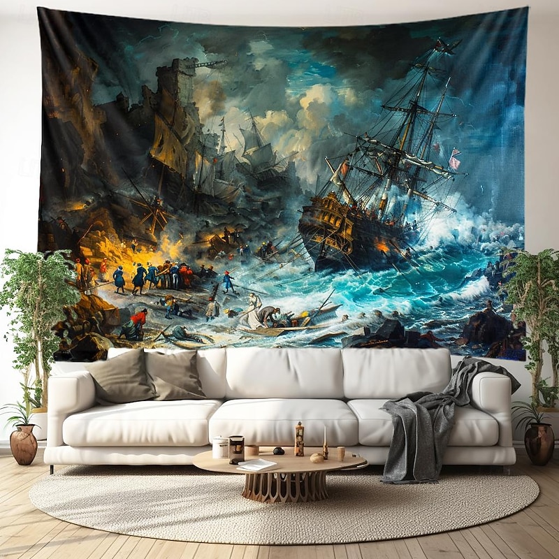 Pirate Ship Oil Painting Hanging Tapestry Wall Art Large Tapestry Mural Decor Photograph Backdrop Blanket Curtain Home Bedroom Living Room Decoration