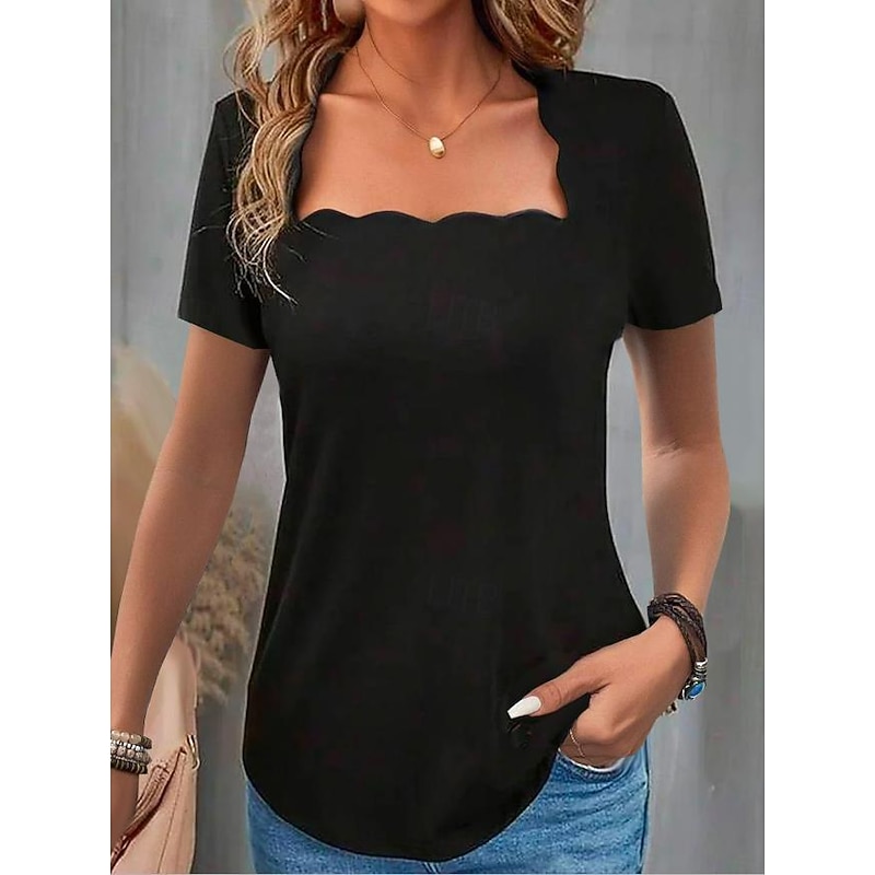 Women's Scalloped Neckline T-shirt Short Sleeve Solid Color Slim Fit Stretch Casual Fashion Top Black