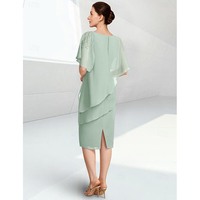 Beach Wedding Sheath Mother of the Bride Dress Elegant Jewel Neck Knee Length Chiffon Half Sleeve with Beading4
