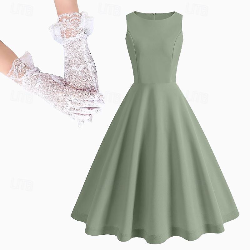 Retro Vintage 1950s Midi Dress Gloves Cocktail Dress Solid Color A-Line Fancy Dress Women's Valentine's Day Masquerade Masquerade Date Party / Cocktail Adults' Dress Gloves Homecoming Dresses