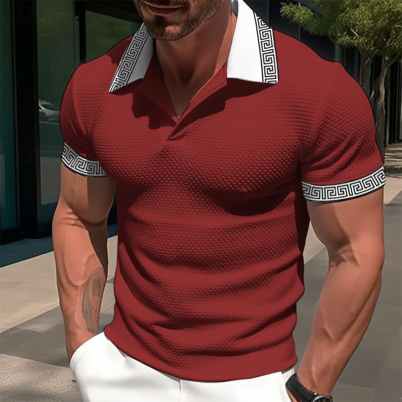 Men's Waffle Polo Shirts Business Polo Work Casual Lapel Ribbed Polo Collar Short Sleeve Modern Old Money Style Color Block Patchwork Pocket Spring & Summer Regular Fit Light Yellow Dark red Black 10