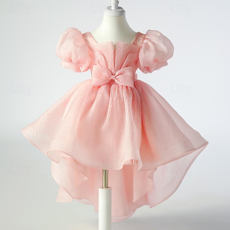 Kids Girls' Flower Girl Dress Party Dress Solid Color Short Sleeve Wedding Party Special Occasion Mesh Backless Puff Sleeve Adorable Sweet Cotton Polyester Asymmetrical Party Dress Summer Spring Fall